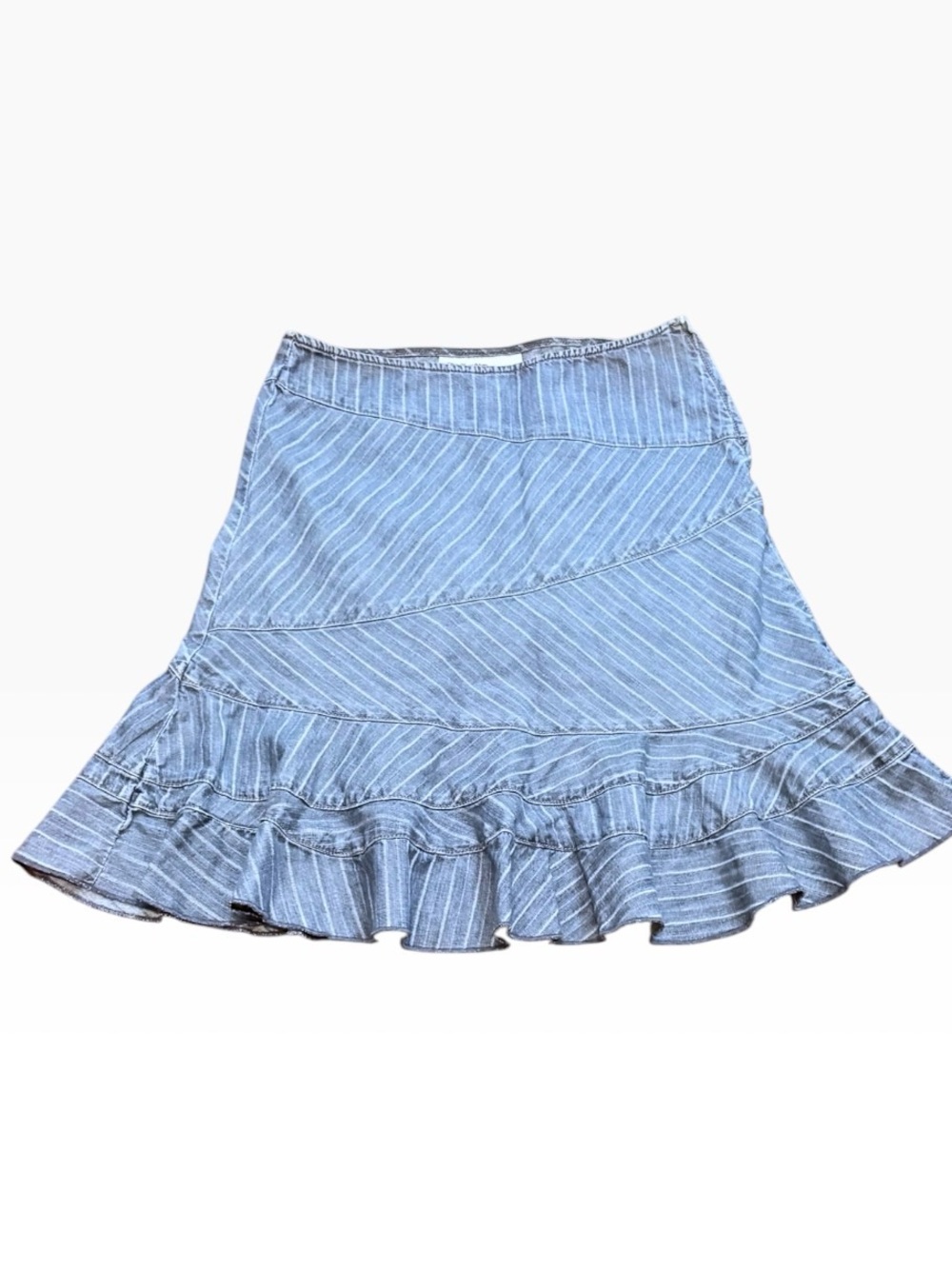 DKNY STRIPED DENIM RUFFLE MIDI JEAN SKIRT SZ 4P